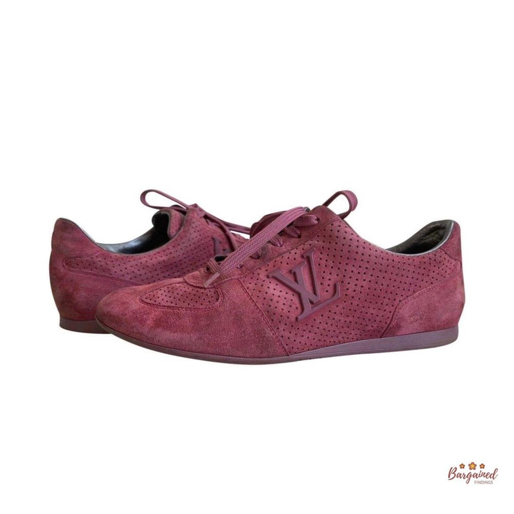 Authentic Louis Vuitton Pink Perforated Suede LV Logo Low Top Sneakers Size 8